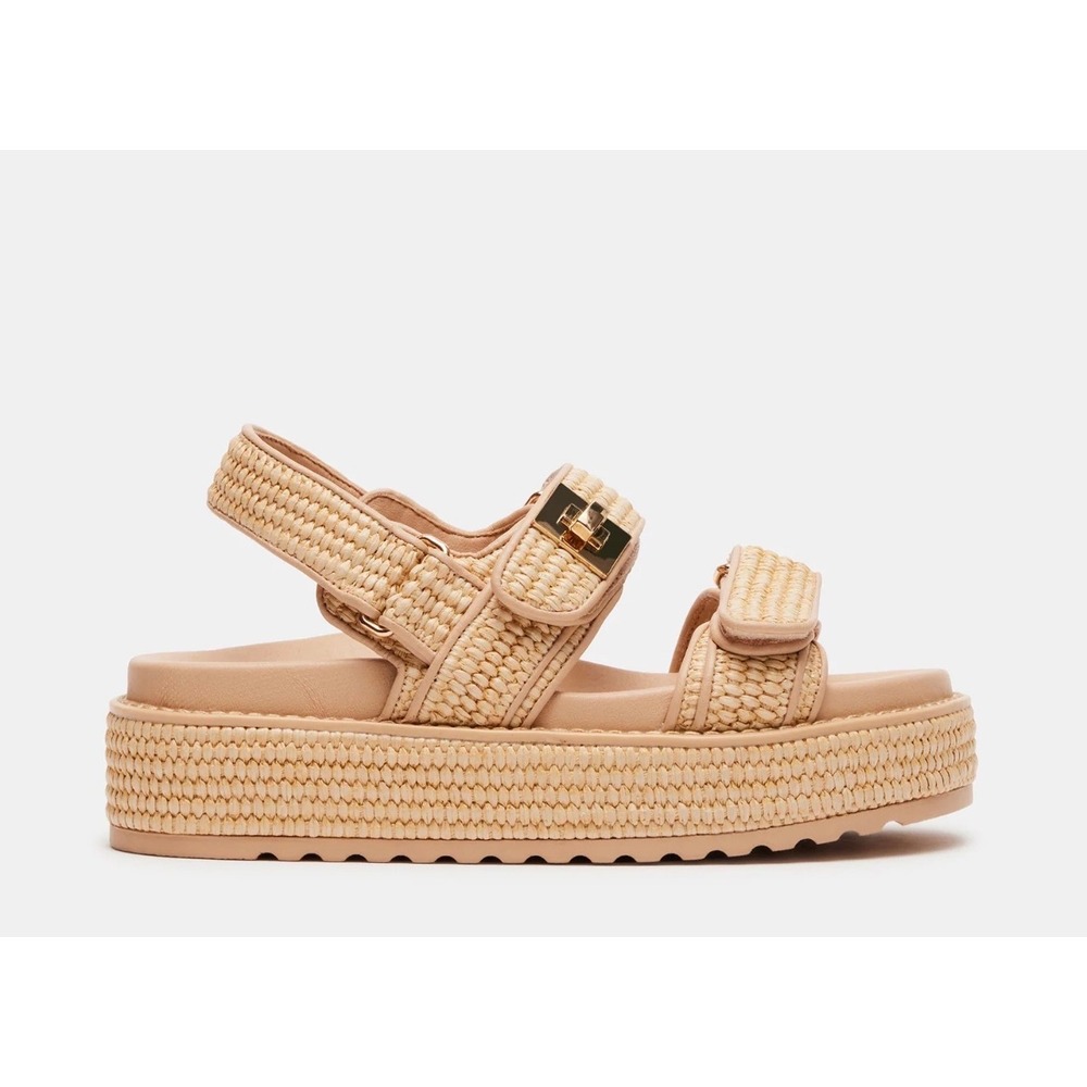 Steve Madden Bigmona Natural Raffia Platform Sandals Tan Gold Turnlock 9.5M
